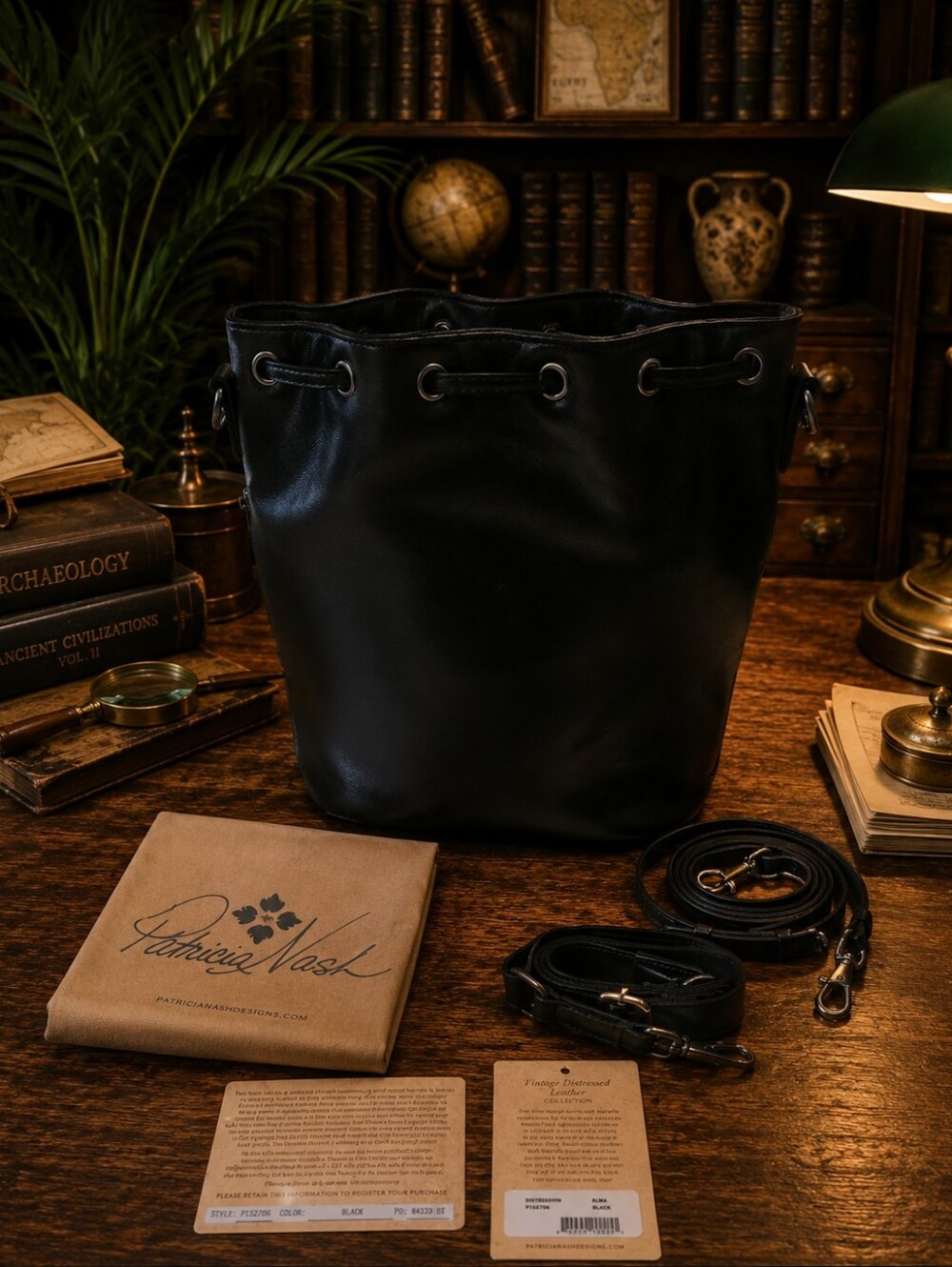 Patricia Nash Black Leather ALMA Bucket Messenger Bag w/ Drawstring-3 Straps NWT - Picture 2 of 10